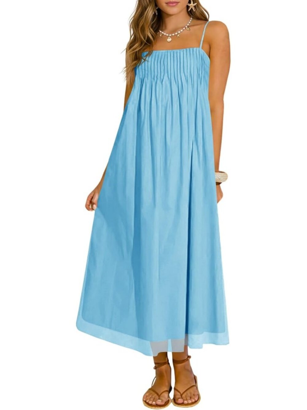 Women's Light Blue Summer Straps Chiffon Casual Sundress Long Dress with Pockets